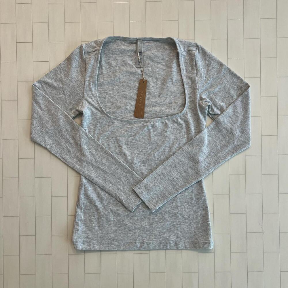 NWT SKIMS Cotton Jersey Scoop Neck Long Sleeve Top - Light Heather Grey - S